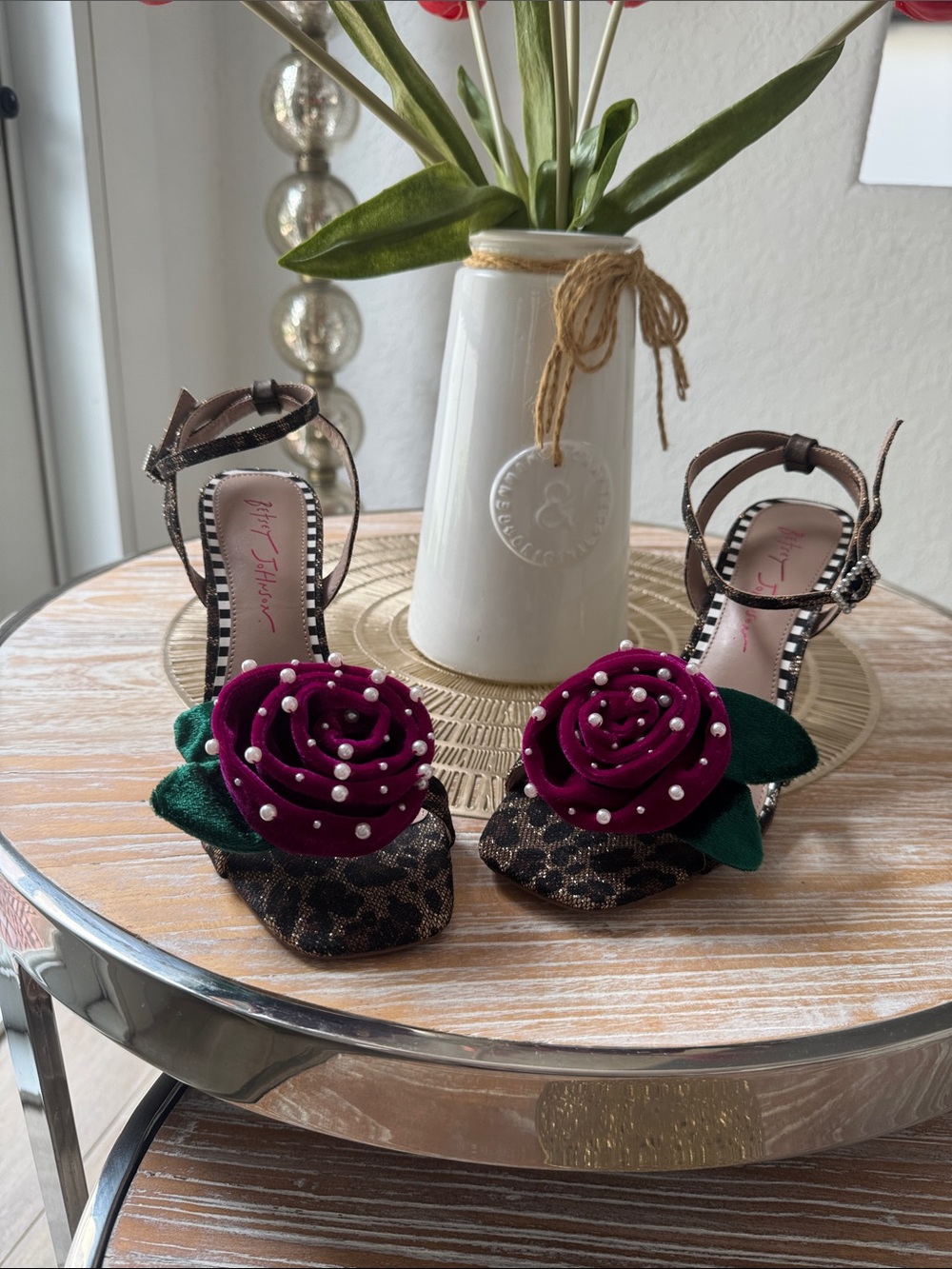 Betsey Johnson Magenta Rose Pearl-Embellished Leopard Heels gold heels